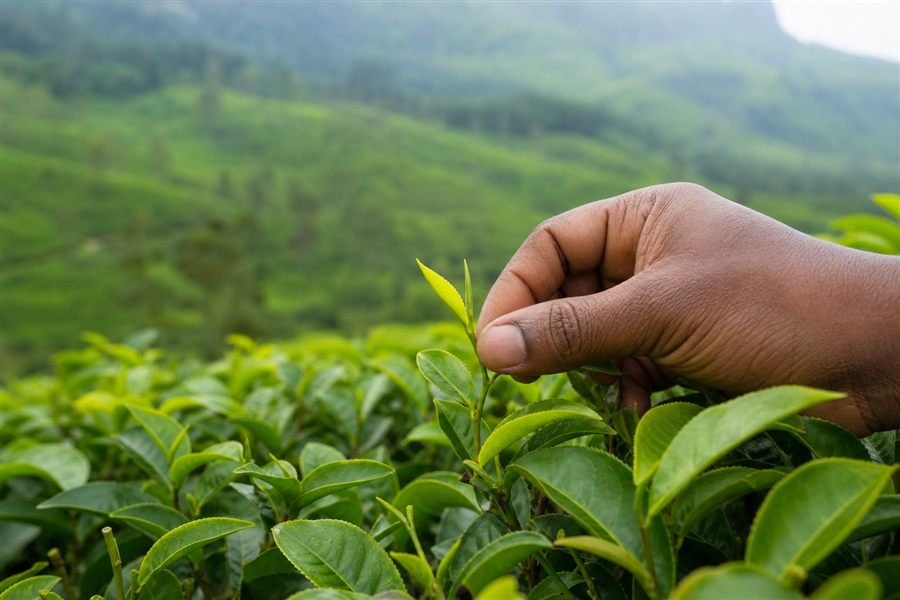 Fresh tea leaves being carefully picked